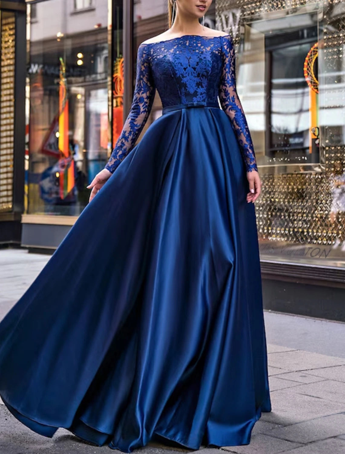 Wholesale A-Line Evening Gown Party Dress Christmas Red Green Dress Elegant Dress Wedding Guest Fall Floor Length Long Sleeve Off Shoulder Belt / Sash Satin with Appliques